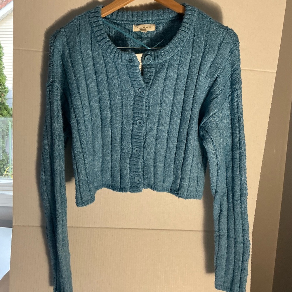 La Hearts Teal Cropped Ribbed Cardigan NWT